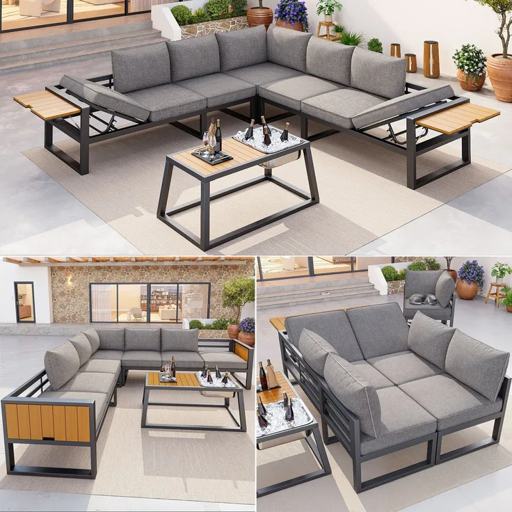 Merax Gartenmöbel-Set, Garten-Lounge-Set für 7 Personen, Outdoor-Sofa-Set mit verstellbarer Rückenlehne, ausklappbaren Armlehnen und Metall-Eisbehälter, Grau