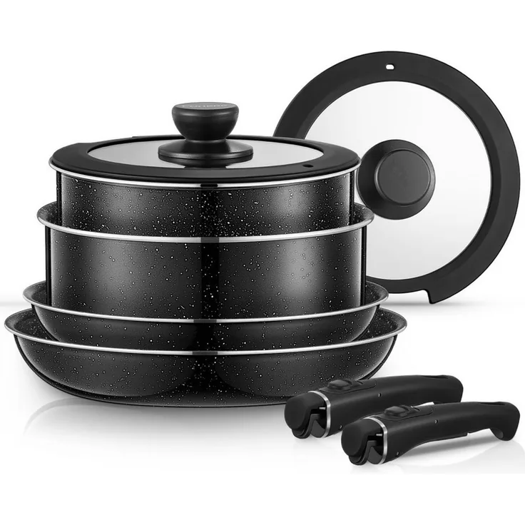 FOHERE Topf-Set Topf- und Topfset, 8-teilig, mit 2 abnehmbaren Griffen, 2 Deckeln, (Set, 8-tlg)