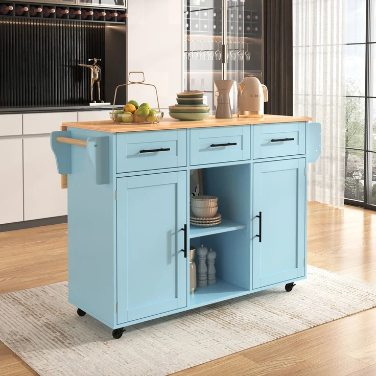 Küchenwagen B 139 x T 46(71) x H 91,5 cm, blau, MDF mit klappbarer Arbeitsplatte – Bild 2