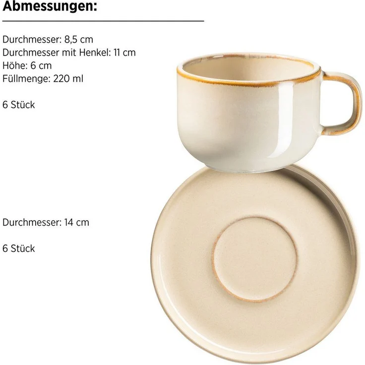 MÄSER Tasse Kaffeetassen-Set Cordelia, aus Steinzeug, Steinzeug, 12er Set, bestehend aus 6 Tassen und 6 Untertassen – Bild 2