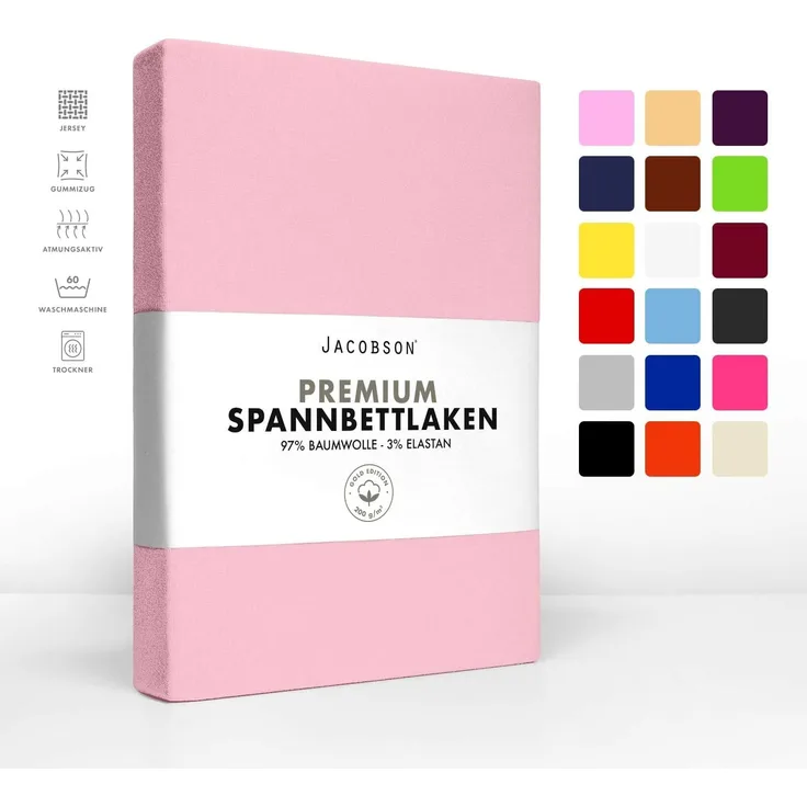 Jacobson Jersey Spannbettlaken Spannbetttuch Baumwolle Bettlaken (Premium 200x220 cm, Rosa)