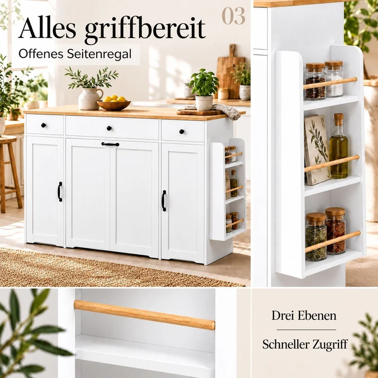 Sideboard 136 x 65 x 90 cm aus MDF in Weiß und Natur mit 3 Schubladen und 2 Türen – Bild 9