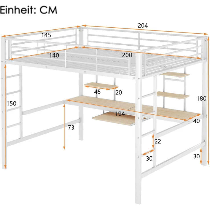 Hochbett 140x200 cm mit Schreibtisch und 2 Regalen – Metallbett in Weiß – Bild 6