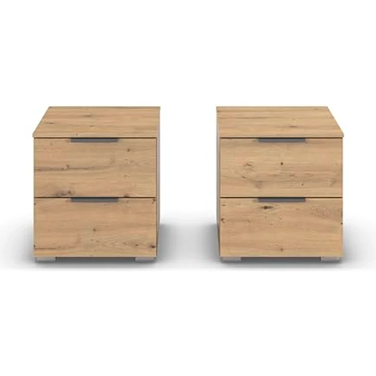 Rauch Möbel Alabama, Nachttisch-Paar für Schlafzimmer, Kinderzimmer, Gästezimmer, mit je 2 Schubladen, Soft-Close-Funktion, Farbe Eiche Artisan, Holz, Griff Grau metallic, Schwarz, Maße 40 x 42 x 42 cm – Bild 4