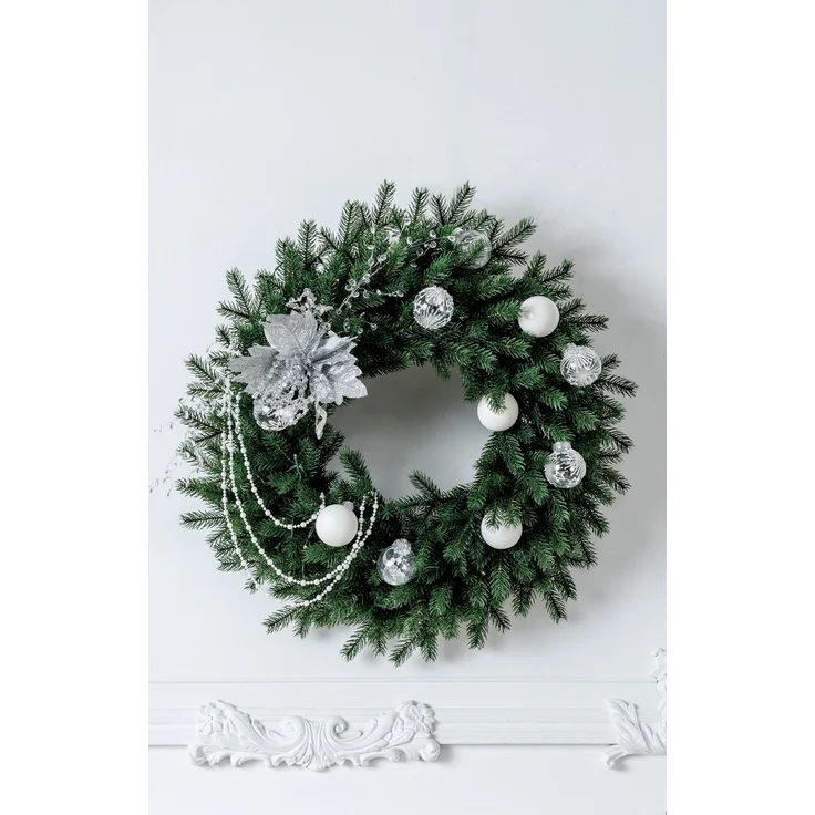 EveXmas Altair Premium Weihnachtskranz Grün-Weiß 60 cm beschneit, künstlicher Türkranz mit Schneeflock, 136 Zweige, 816 PE-Spritzguss-Triebe, Doppelrahmen – Bild 4