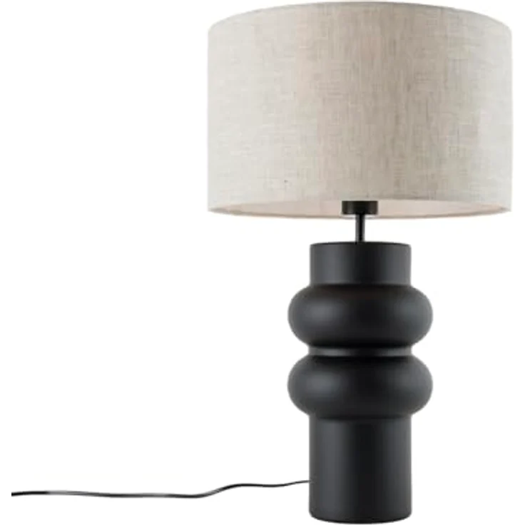 QAZQA Alisia Design Tischleuchte, Schwarz mit hellgrauem Stoffschirm, 35 cm, dimmbar, E27 Fassung, Keramik, geeignet für Wohnzimmer und Schlafzimmer – Bild 1