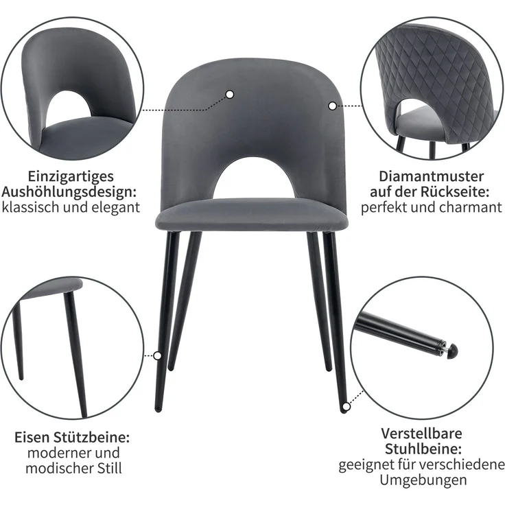 Samt Polsterstuhl 2er-Set mit Rückenlehne, Metallgestell & verstellbaren Füßen, Diamantmuster Esszimmerstuhl – Bild 5