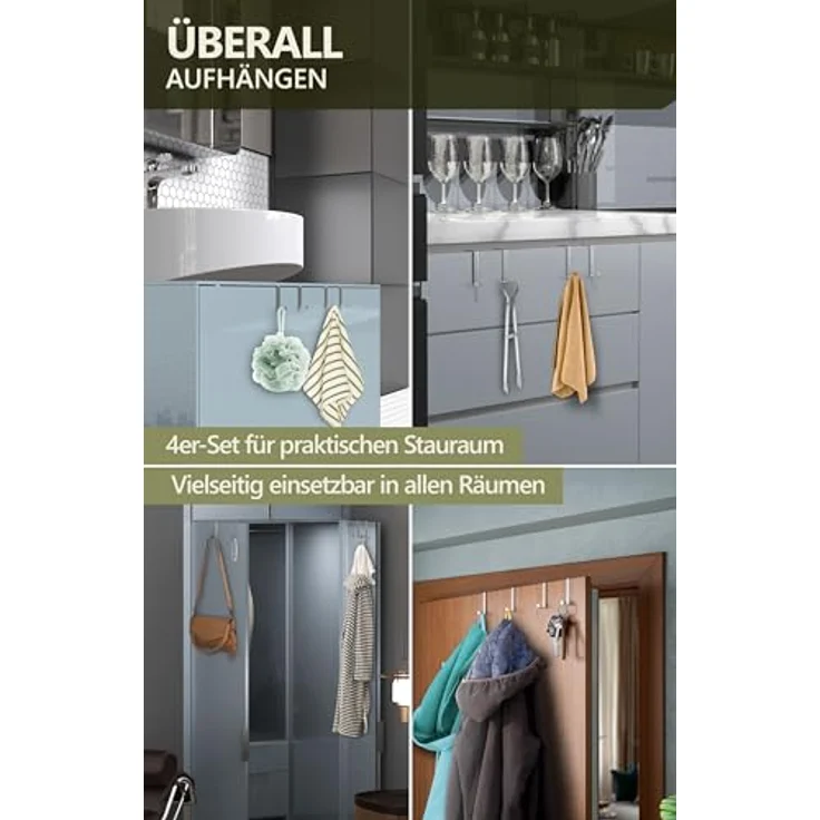 4smile Türhaken zum Einhängen, 4er Set - Edelstahl Kleiderhaken für Tür oder Schrank, vielseitige Haken zum Einhängen - Türgarderobe mit hoher Tragkraft, stabile Türhakenleiste – Bild 4