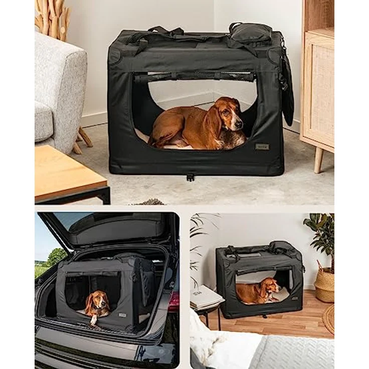 lionto Hundetransportbox, Faltbar, für Reise & Auto, 82x58x58 cm, Schwarz | Stabile Hundebox aus Stoff mit Netzfenstern, Tragegriffen, weicher Decke & Taschen, für Katzen & Hunde bis 18 kg geeignet – Bild 2