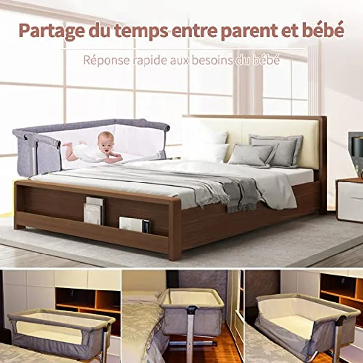 Beistellbett 3 in1 Babybetten Tragbar Babybett mit atmungsaktivem, Verstellbarer Stubenwagen Beistellbett mit Aufbewahrungskorb, 92 x 58 x 70–90 cm - Cremeweiß – Bild 7