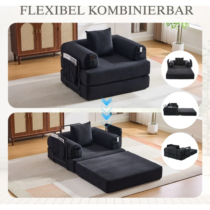 LVHOM 3-in-1 Schlafsessel, Klappsofa mit Schlaffunktion, Einzelschlafsofa mit Seitentaschen und Kissen, Polstersofa aus Cordstoff, frei Kombination, Schwarz – Bild 3