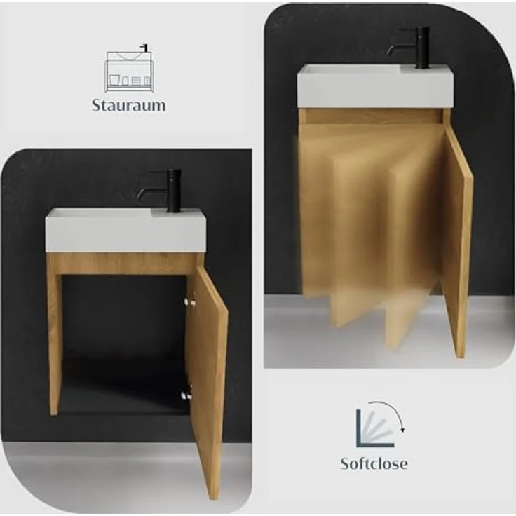 Alpenberger Badmöbel-Set Gäste WC Waschbecken mit Unterschrank - Badschrank Hängend, (2-tlg. Waschtisch Set Eiche Natur, Waschbeckenunterschrank mit Softclose), Waschplätze für Kleine Bäder - Badschrank Hängend und Vormontiert – Bild 5