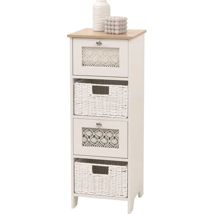 Kommode HWC-O75, Schubladenschrank, 4 Schubfächer Korbschubladen Holz Melamin 82x30x30cm ~ natur-weiß