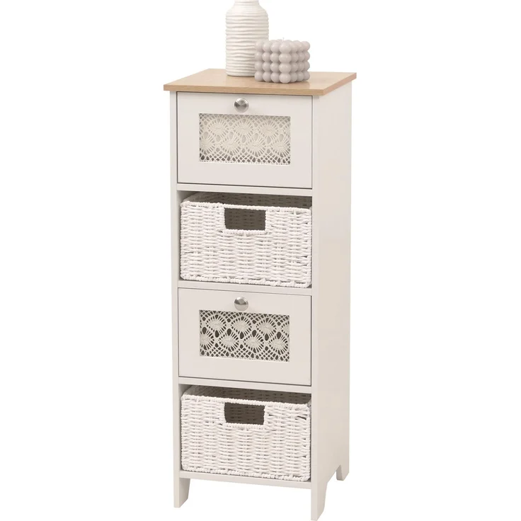 Kommode HWC-O75, Schubladenschrank, 4 Schubfächer Korbschubladen Holz Melamin 82x30x30cm ~ natur-weiß – Bild 1