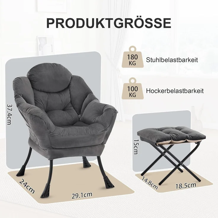 Sessel Lazy Chair Ottomane Ohrensessel Hocker Dunkelgrau – Bild 2
