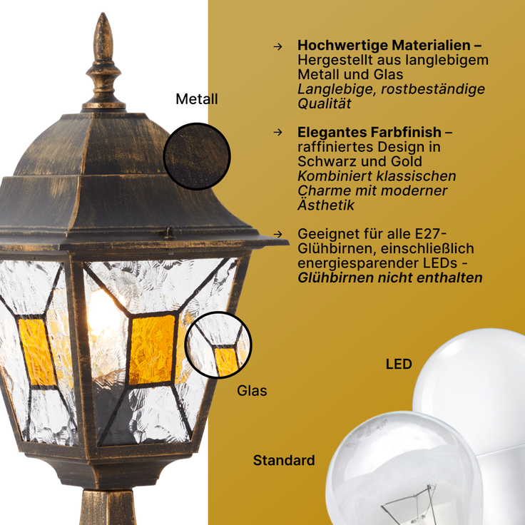 Brilliant Janel Sockelleuchte Außen 44cm - Außenlampe Schwarz Gold IP44 für Garten & Terrasse - E27 Fassung - Extern Dimmbar - Aus Metall & Glas – Bild 3