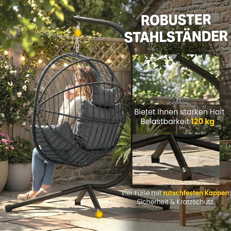 Outdoor Hängesessel Hängesessel, inkl. Polster, Egg-Chair, 120 cm x 106 cm x 188 cm, Grau--Grau--188x106x120cm--YOUDENOVA – Bild 6