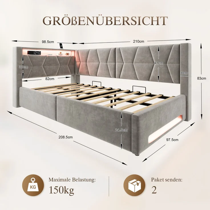 LVHOM Einzelbett 90x200 cm mit Stauraum, Polsterbett mit LED, USB und Type-C, Jugendbett, Hydraulischem Bettgestell, Samt, Grau – Bild 7