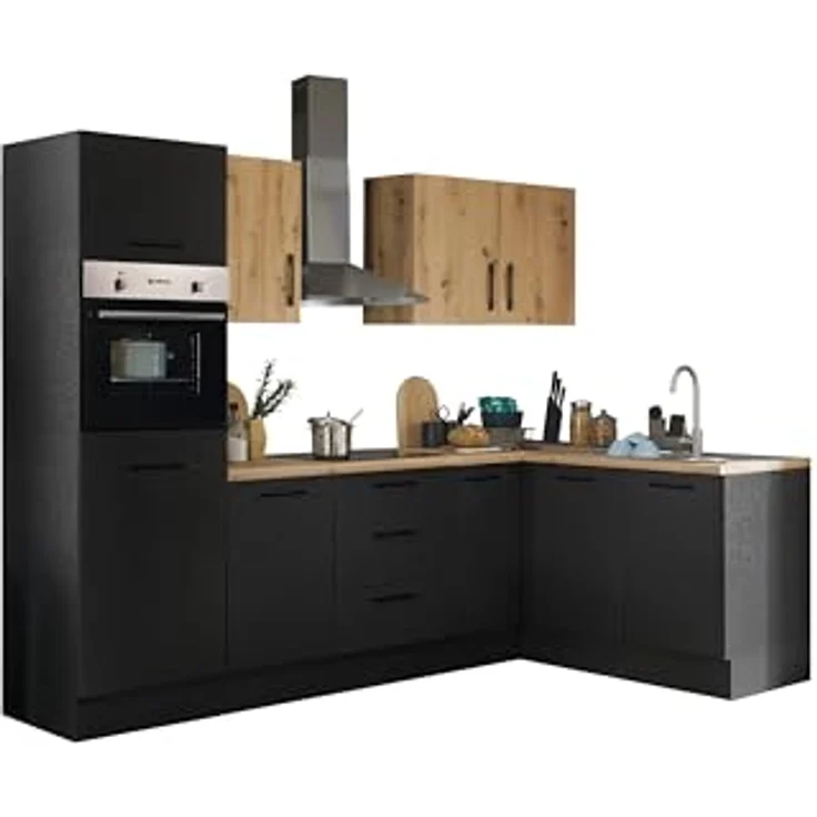 Turin LB Eckküche 270 x 211 x 60 cm, schwarz - Basic Küchengeräte - Moderne, geräumige Küche in Artisan-Eiche Optik mit viel Stauraum – Bild 1
