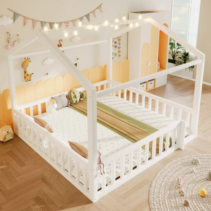 Hausbett mit LED Kugel-Lichterkette, 90x190cm*2/180x190cm, Kinderbett mit Rausfallschutz und Lattenrost, Kiefer – Bild 3