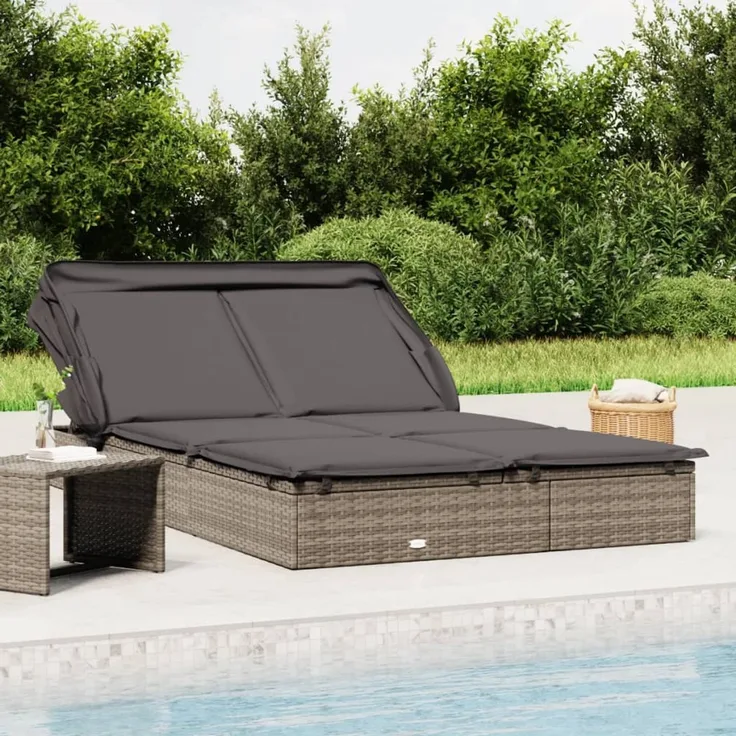 2-Personen-Sonnenliege, Gartenliege mit Dach Grau 213 x 118 x 97 Poly Rattan