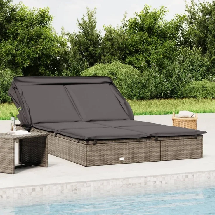 2-Personen-Sonnenliege, Gartenliege mit Dach Grau 213 x 118 x 97 Poly Rattan – Bild 1