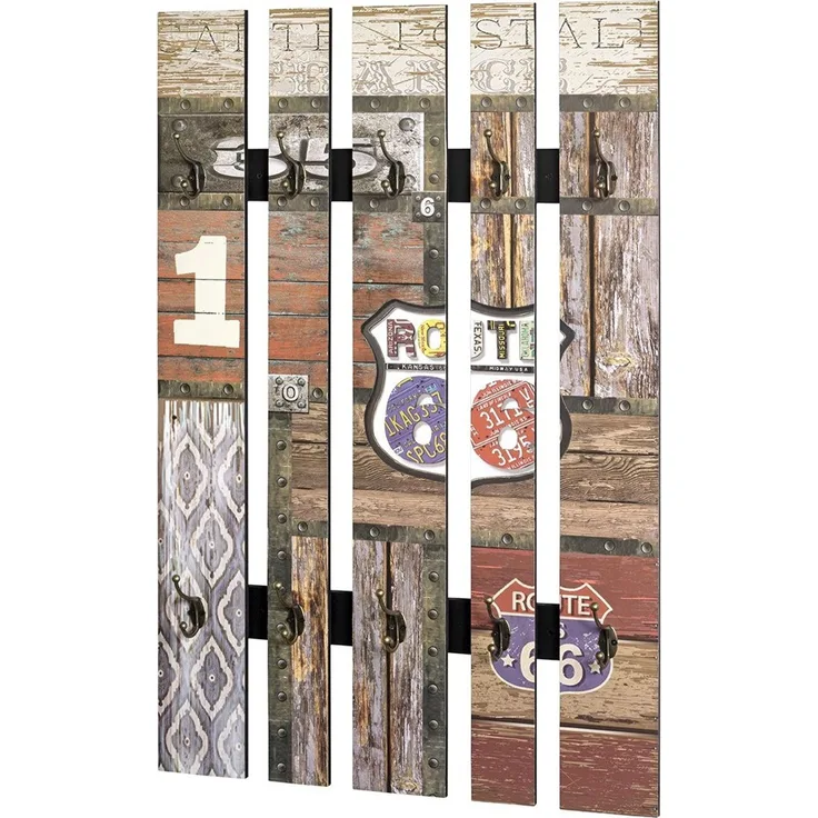 Haku Wandgarderobe mit 10 Garderobenhaken, Vintage-Dekor in Braun, Industrial-Stil, MDF und Metall, 65x9x100 cm
