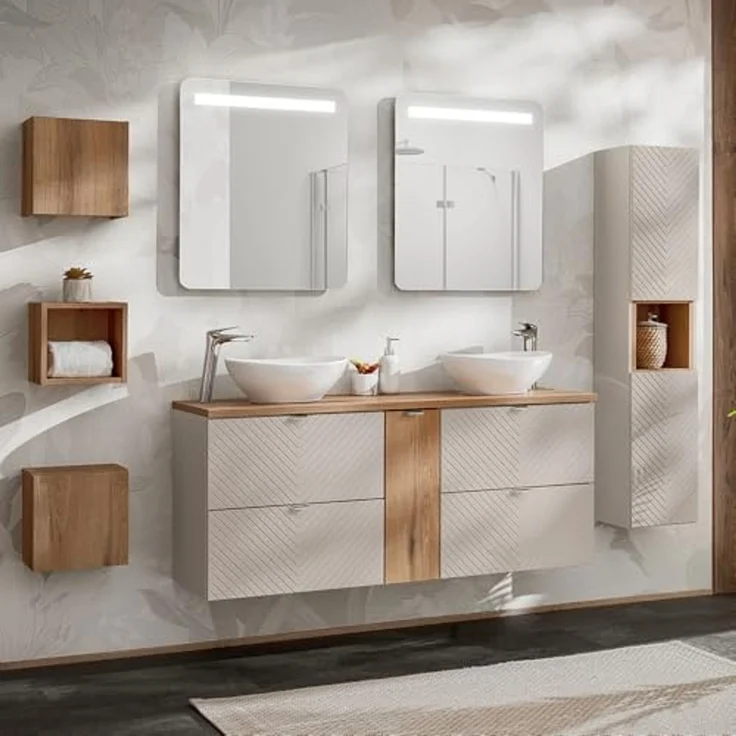 Lomadox Hochschrank VERACRUZ-56 Badschrank, kaschmir, gerillte Front, grifflos – Bild 7
