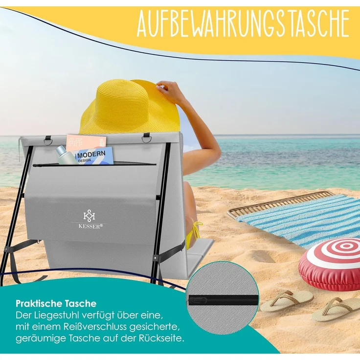 KESSER® Strandmatte klappbar mit verstellbarer Rückenlehne, Strandliege faltbar mit Tragegurt, wasserdichter Handyhülle & Aufbewahrungstasche, Sonnenliege für Strand Garten Terrasse, Liegematte 130Kg Grau, 2er Set / 50W – Bild 6