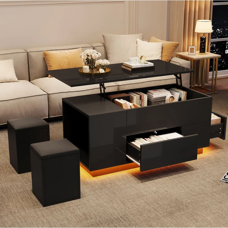 Couchtisch aus Spanplatte mit Hubfunktion, LED, Stauraum & 2 Hockern, 100x50x45 cm, Schwarz