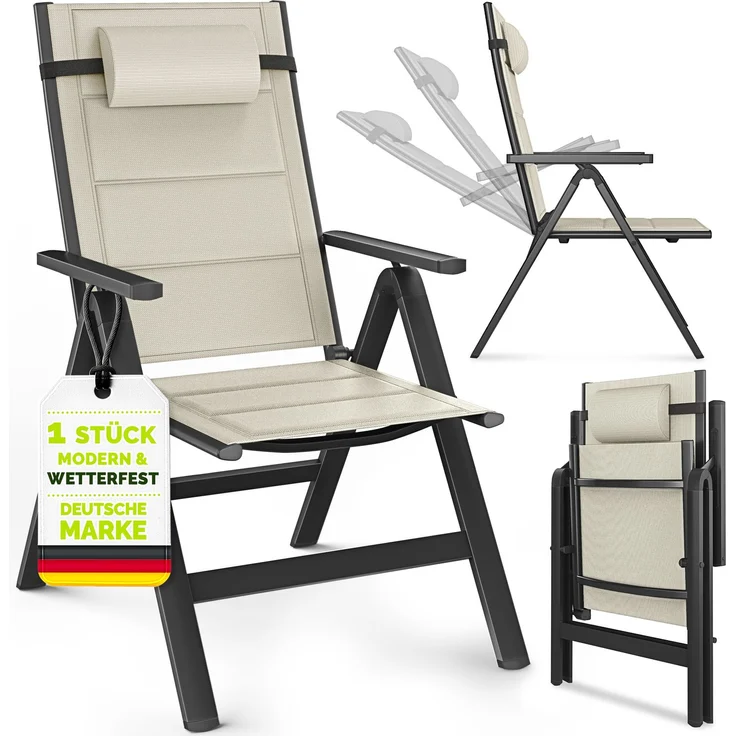 tillvex Gartenstuhl mit Polster Premium 1 Stück Beige klappbar aus Aluminium | Hochlehner mit Armlehnen | Klappstuhl verstellbar | Klappsessel Balkon Garten Terrasse – Bild 1