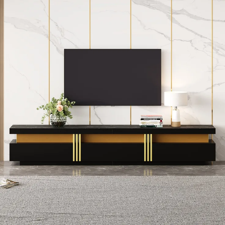 TV-Schrank, 200x40x42 cm, schwarzer TV-Schrank mit Marmoroptik & 3 Schubladen