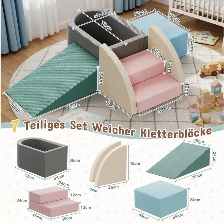 TLGREEN Kindersofa 7-teiliges Kletter und Spielset mit Rutsche, Bällebad, Weiche Schaumstoff-Bausteine für Kinder, rutschfester Basis, Sicherer Softplay-Baukasten für Krabbeln, Klettern, Motorikförderung – Bild 2