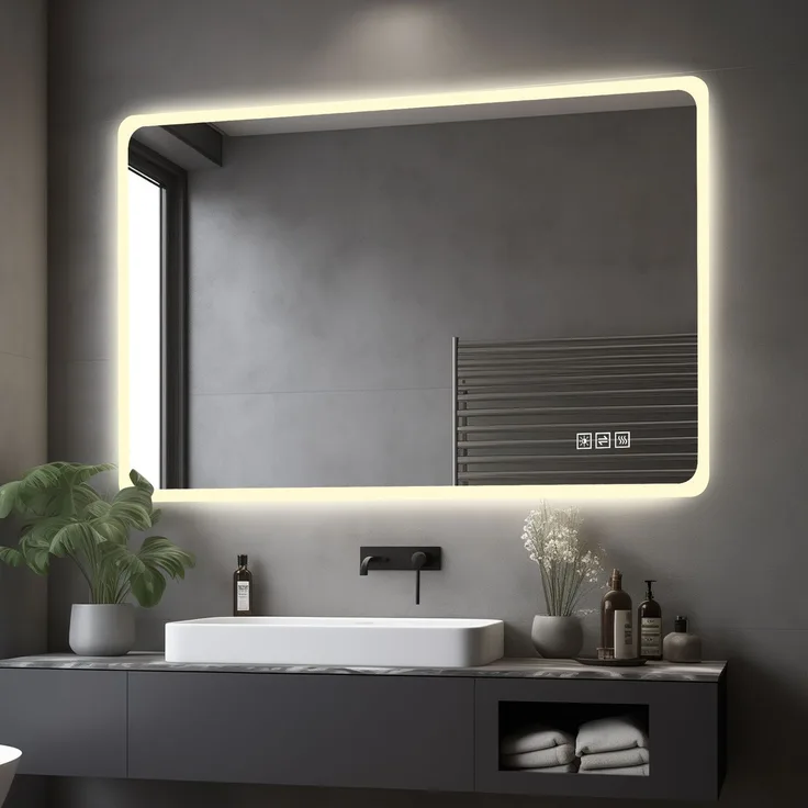 LED-Badezimmerspiegel 60 x 100 x 2.9 cm aus Glas und Metall mit Milchglasrand, dimmbar