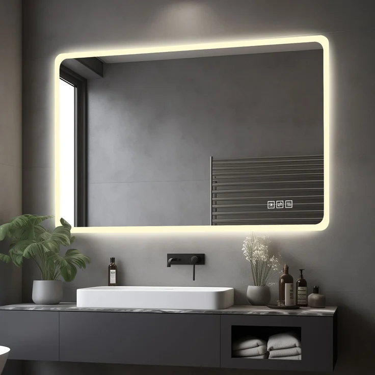 LED-Badezimmerspiegel 60 x 100 x 2.9 cm aus Glas und Metall mit Milchglasrand, dimmbar – Bild 1