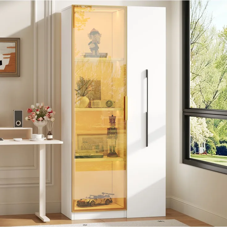 Vitrine 70 x 40 x 160 cm in Weiß mit Glasfront, LED-Beleuchtung und seitlichem Auszug