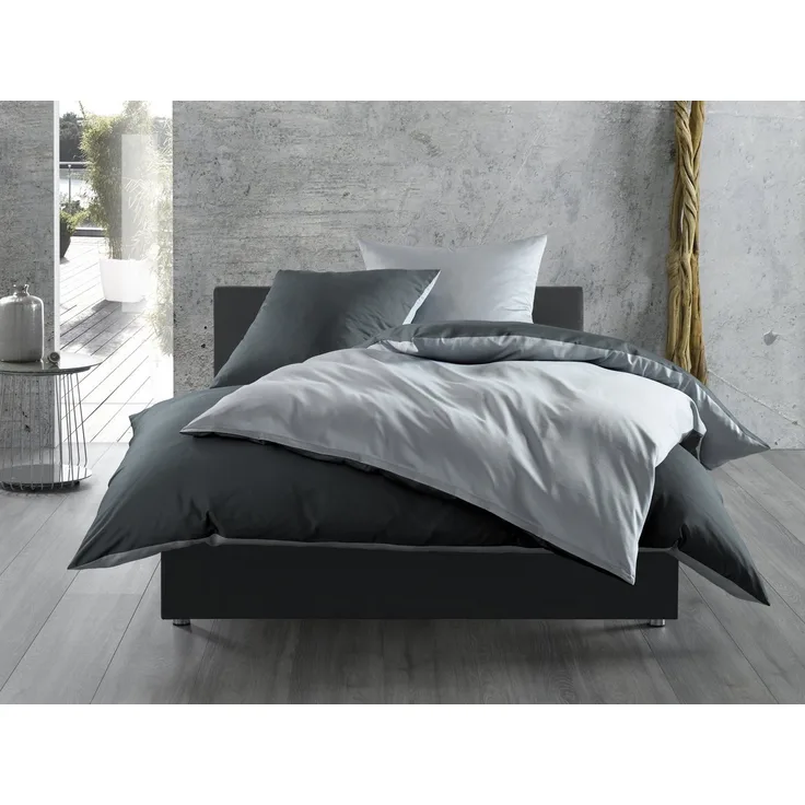 Mako Satin Wende Bettwäsche grau anthrazit 135x200 + 80x80