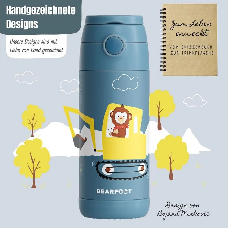 BEARFOOT Trinkflasche Thermo Kinder Trinkflasche Edelstahl - Bagger Affe blau, Thermosflasche, auslaufsicher, Edelstahl, Kinderflasche, BPA-frei – Bild 4