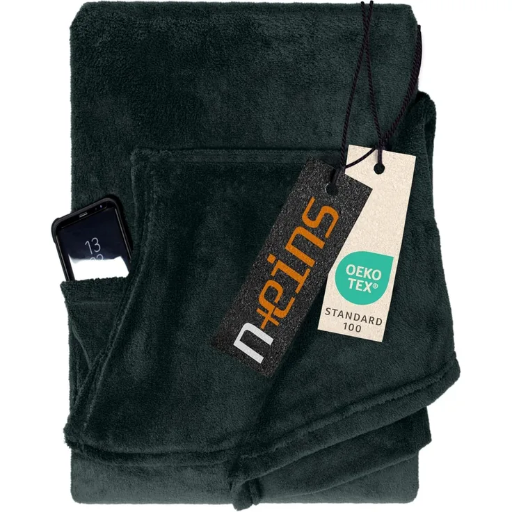 npluseins Coral Fleece Kuscheldecke – das Original mit Ärmel & Bauchtasche 1448. 2043, anthrazit