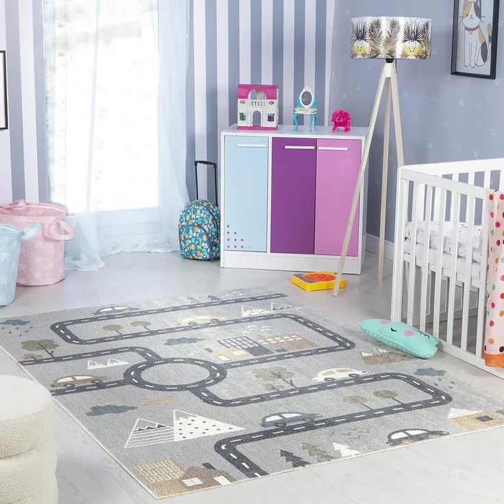Surya Auto-Spielmatte Kinderteppich - Cartoon Teppich Kinderzimmer oder Babyzimmer, Kinderzimmerteppich, Krabbelteppich oder Spielteppich - Baby Teppich für Jungen & Mädchen, Grau 120x170 cm