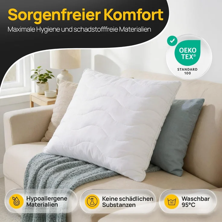 LILENO HOME Kissen 50x50 (1er Set) – 95 °C waschbar, Oeko-Tex & Made in DE – Allergiker Kopfkissen 50x50 für himmlischen Schlaf – Haut schmeichelndes & geruchsfreies Pillow – Bild 4