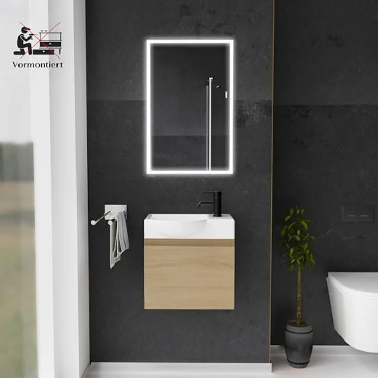 Alpenberger Badmöbel-Set - Gäste WC Waschbecken mit Unterschrank 45 cm Breit, (Badschrank 2-tlg, Waschtisch hängend), Waschbeckenunterschrank mit Softclose - Eiche Hell - Links Becken – Bild 3