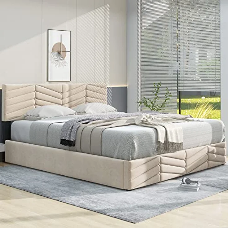 FAVSH Polsterbett 140x200 cm, Hydraulisch Doppelbett mit Lattenrost und Bettkasten, Streifen-Stil, Continentalbett, Samt Continentalbett, für Erwachsene&Jugendliche, ohne Matratze, Beige – Bild 7
