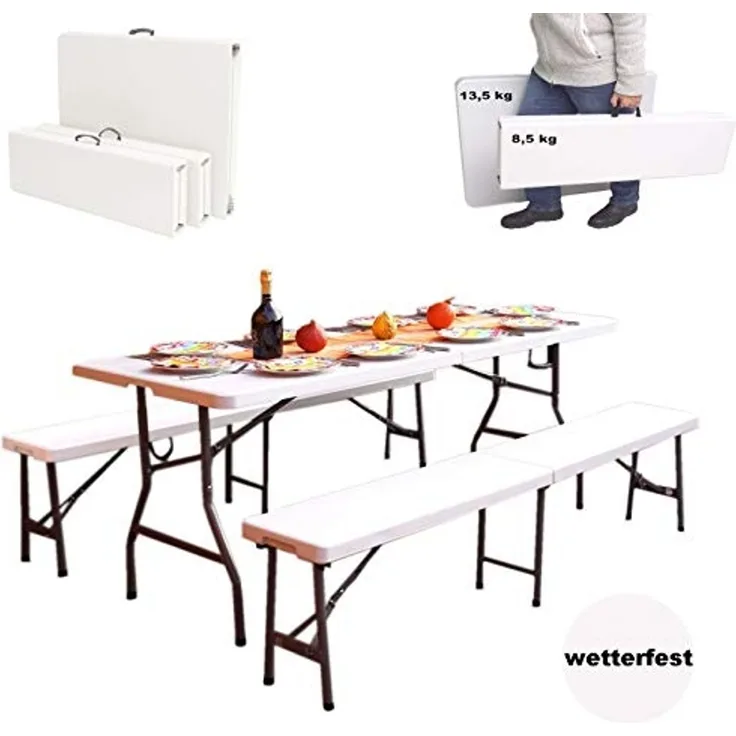 Bierzeltgarnitur 3 teilig weiß Festzeltgarnitur 180x75cm klappbar Gartenmöbelset 2 Bierbänke 1Tisch