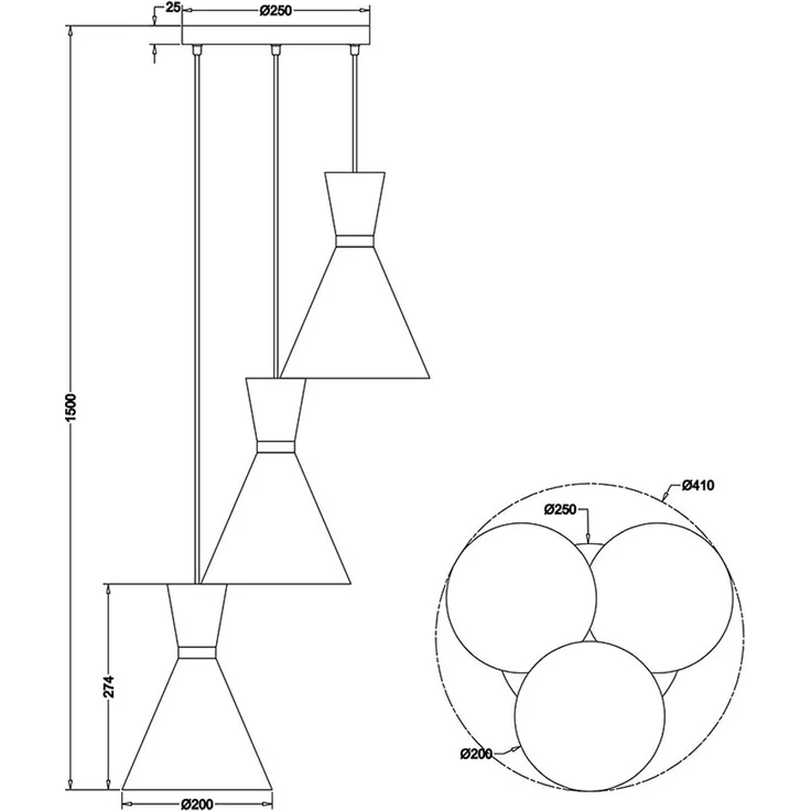 Hängeleuchte, 3 Flammig, Metall, nickel-matt, H 150 cm – Bild 10