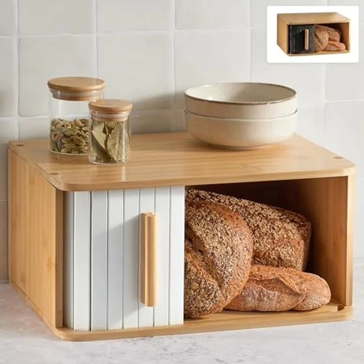 Praknu Brotkasten Brotkasten Groß aus FSC® Holz mit Schiebetür - Brotaufbewahrung, Bambus, FSC® Holz - Platzsparend und stilvolle Brotbox für längere Frische – Bild 1