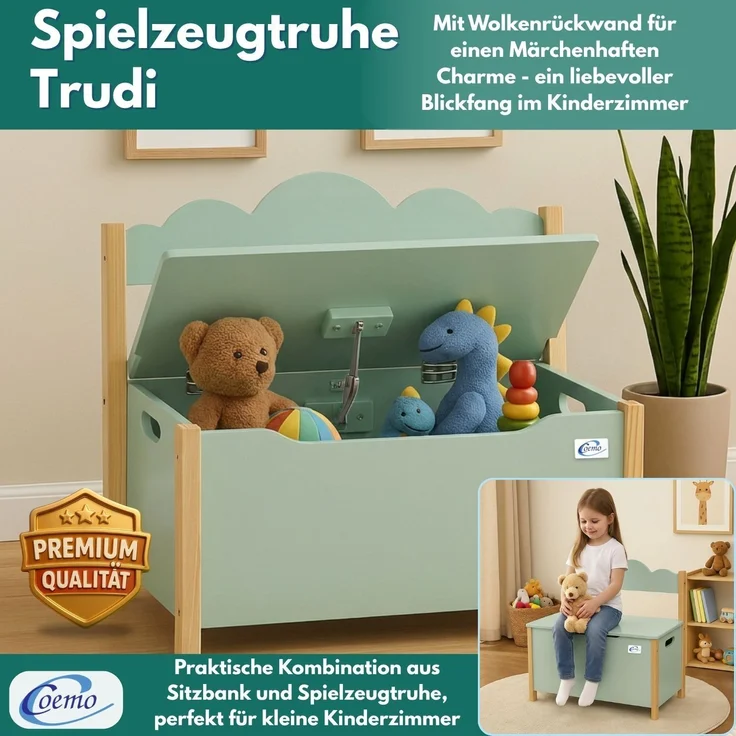 Coemo Truhe TRUDI mit Deckel Sitzbank für Kinder Spielzeugtruhe Mintgrün – Bild 2