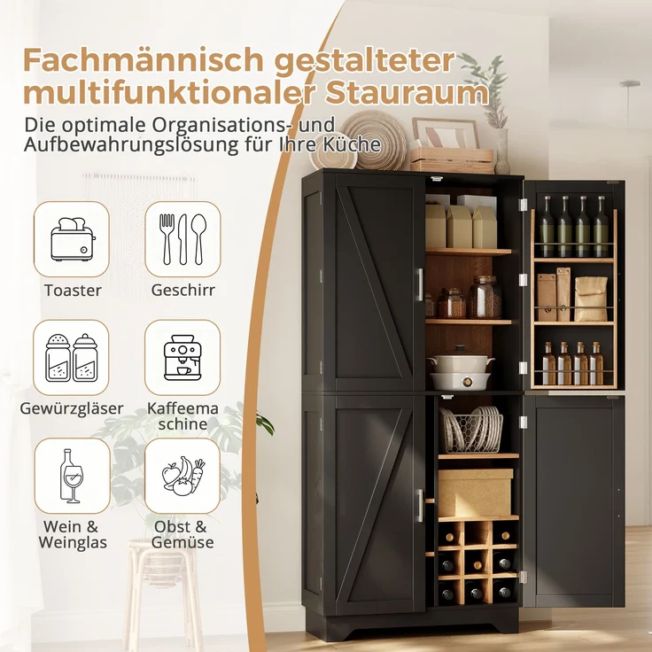 Küchenschrank, hoher Stauraumschrank mit 4 Scheunentor-Türen, Vorratsschrank mit Weinregal und Türregal, Aufbewahrungsschrank für Wohnzimmer und Esszimmer, 80 × 40× 180 cm – Bild 7