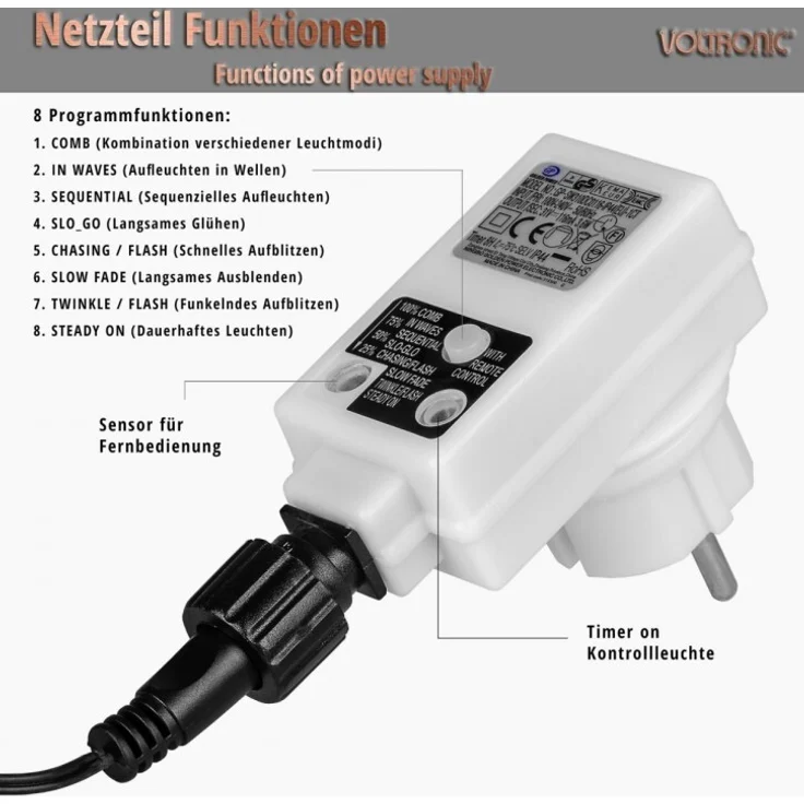 VOLTRONIC® LED Lichterkette, innen und außen, IP44, Modell- und Farbwahl, 200 LEDs, bunt, Fernbedienung – Bild 3
