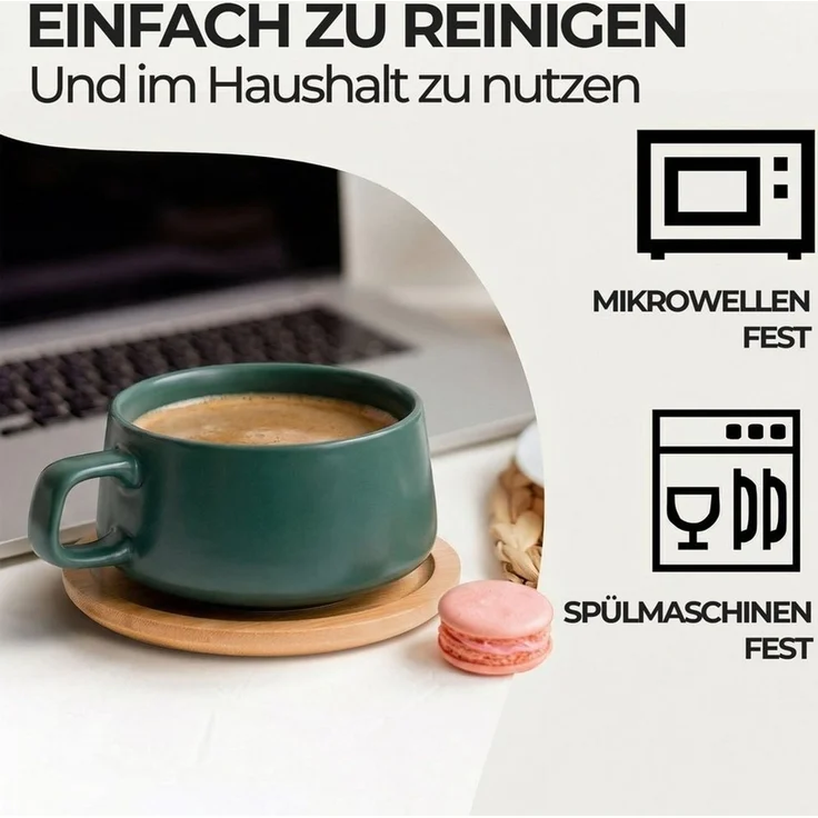 MiaMio Cappuccinotasse Luxe Evergreen Grün, 8-tlg, Keramik, 320 ml, mit Holzuntersetzern – Bild 4